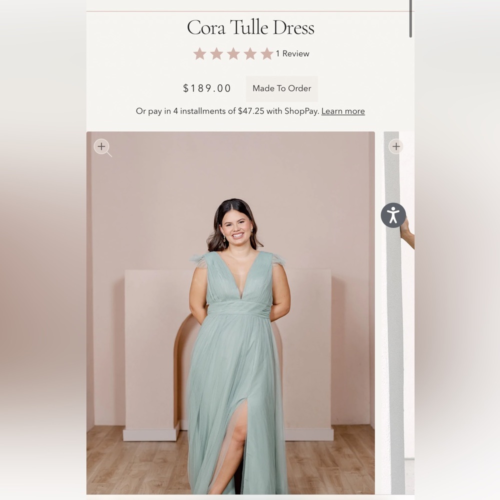Revelry: Cora Tulle Dress, Sage, size 2 petite. Has slit and light colored mesh